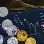 A close-up image of shiny silver and gold cryptocurrency coins placed on a dark surface.