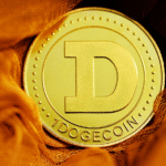 A gold-colored physical Dogecoin token marked “1 DOGECOIN” resting on an orange fabric background.