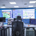 A person sitting in a control room in front of multiple computer monitors and large wall screens displaying system diagrams and data dashboards.