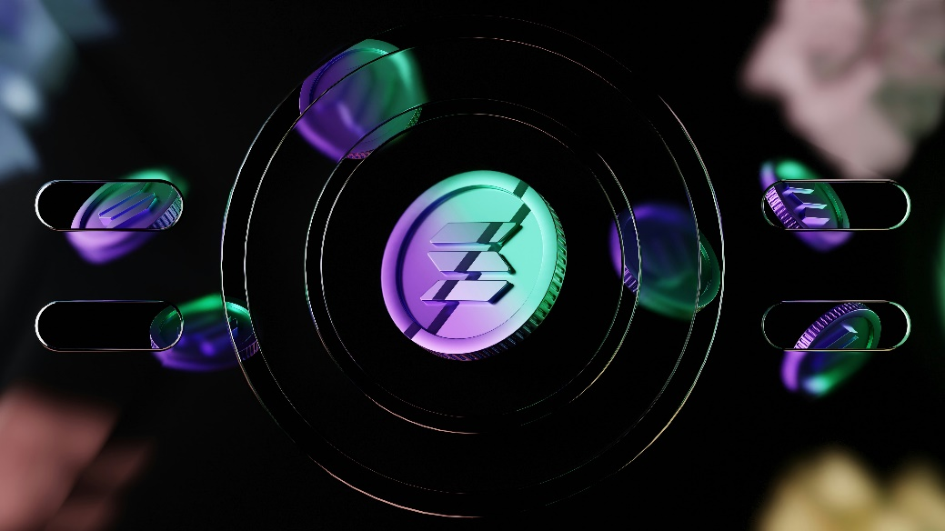 A futuristic, glowing Solana cryptocurrency coin at the center of concentric rings.