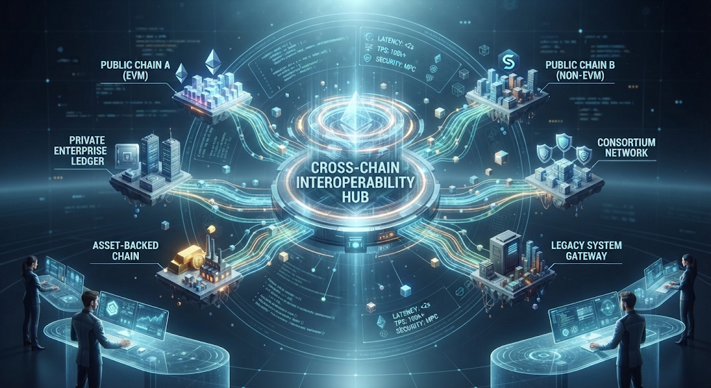 Institutional systems communicating across multiple blockchain networks through interoperability infrastructure