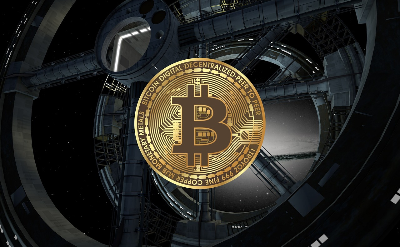 Bitcoin coin with digital blockchain graphics representing security measures and protection against crypto crime.