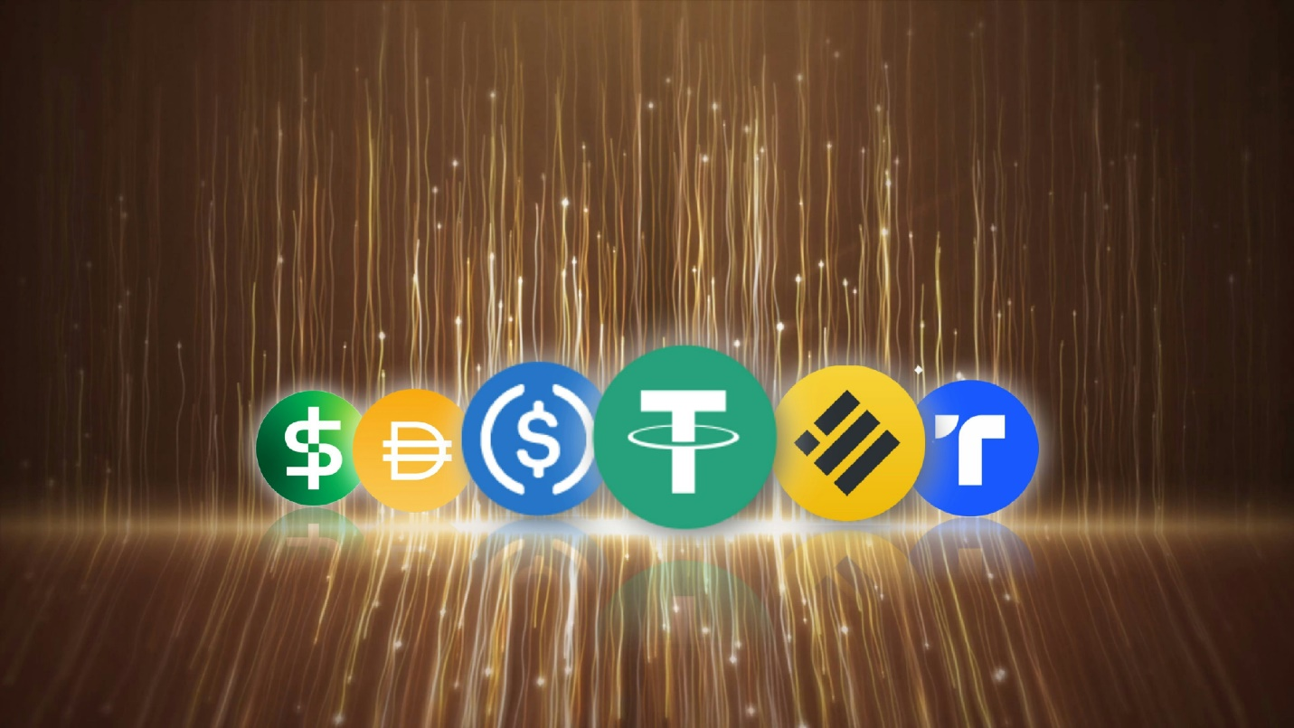 Digital icons of major stablecoins including USDC, Tether, DAI, and BUSD
