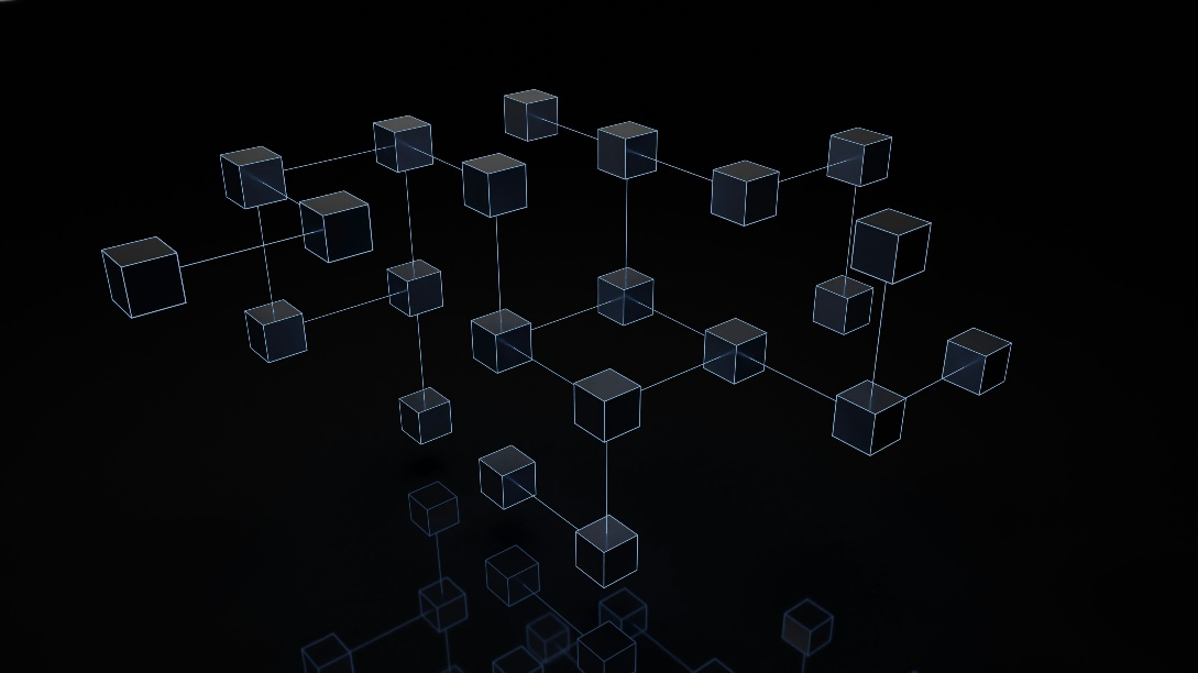 Digital visualization of interconnected blockchain nodes on a dark background.