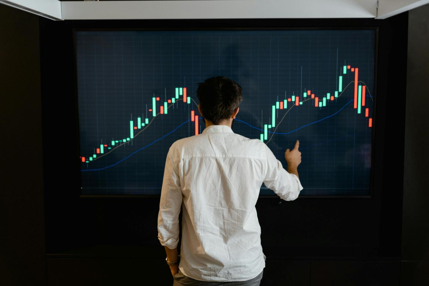 Professional analyzing a digital market chart displaying price movements and automated execution signals on a large screen.