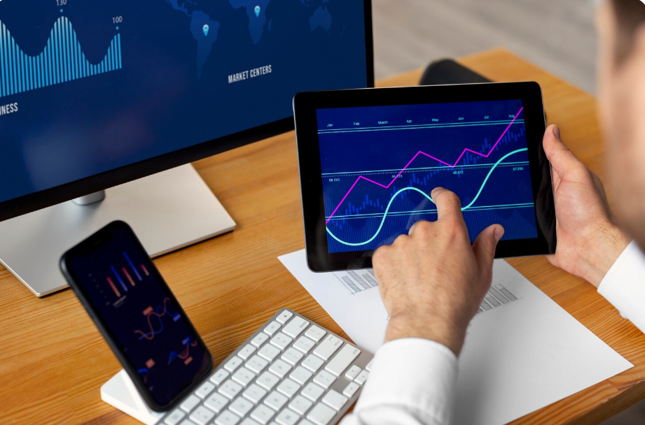 consultant analyzing blockchain charts and on-chain data on multiple screens