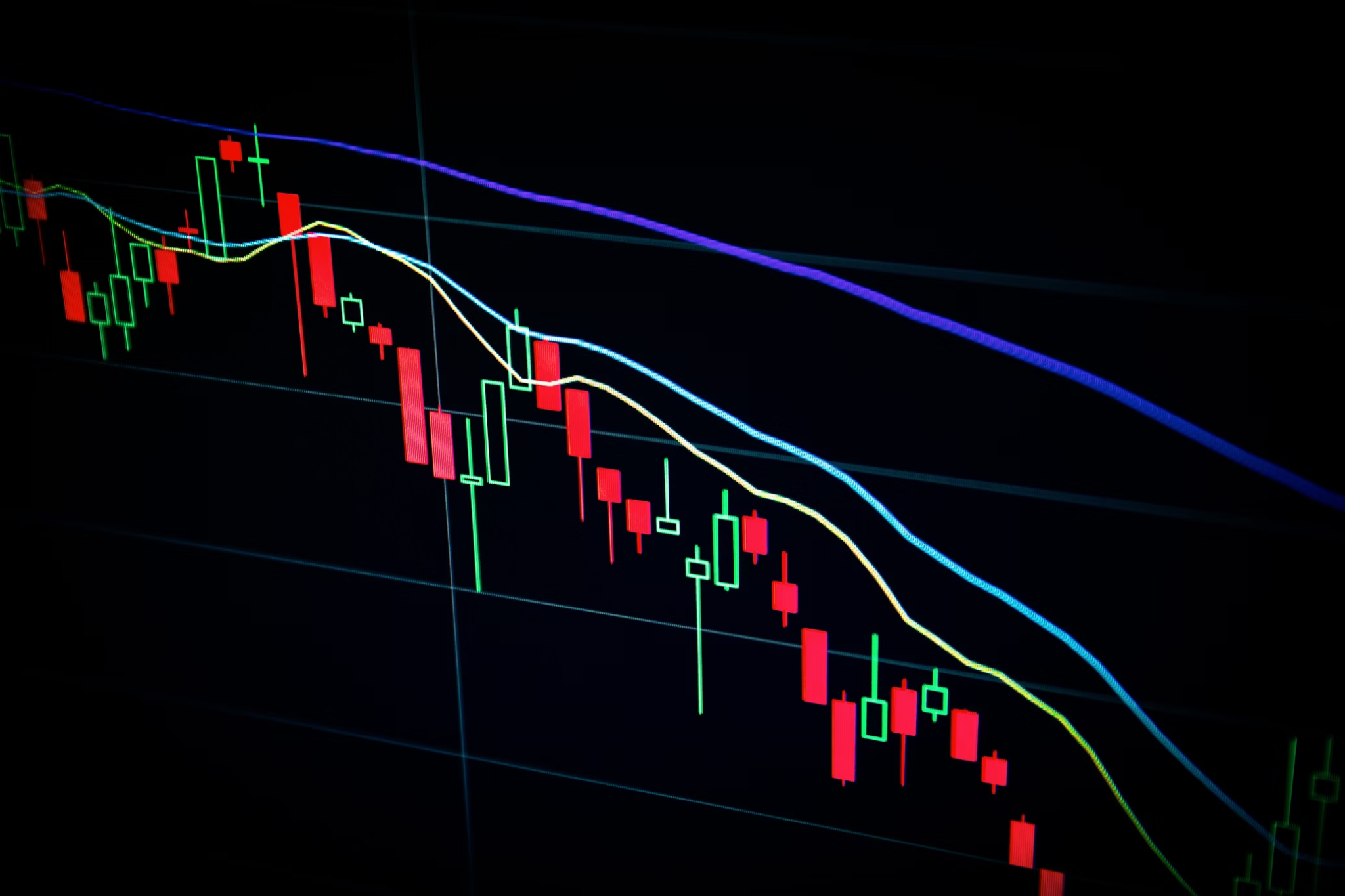 Red and green candlestick chart with trend lines illustrating how trade compression reduces settlement exposure in continuous digital markets
