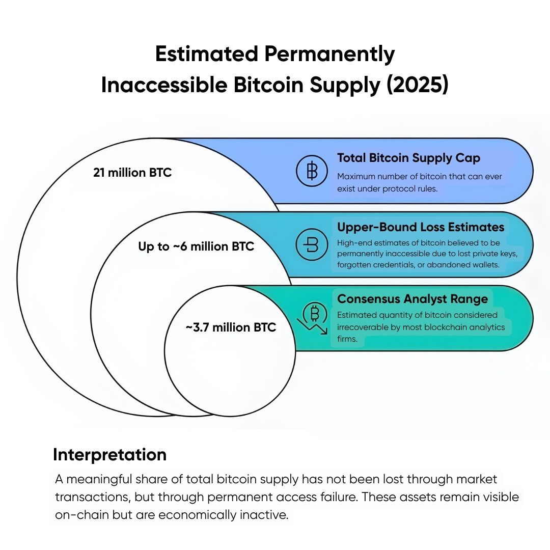 The estimated permanently inaccessible Bitcoin supply in 2025 compared to the fixed 21 million BTC maximum, highlighting losses from private key access failure.