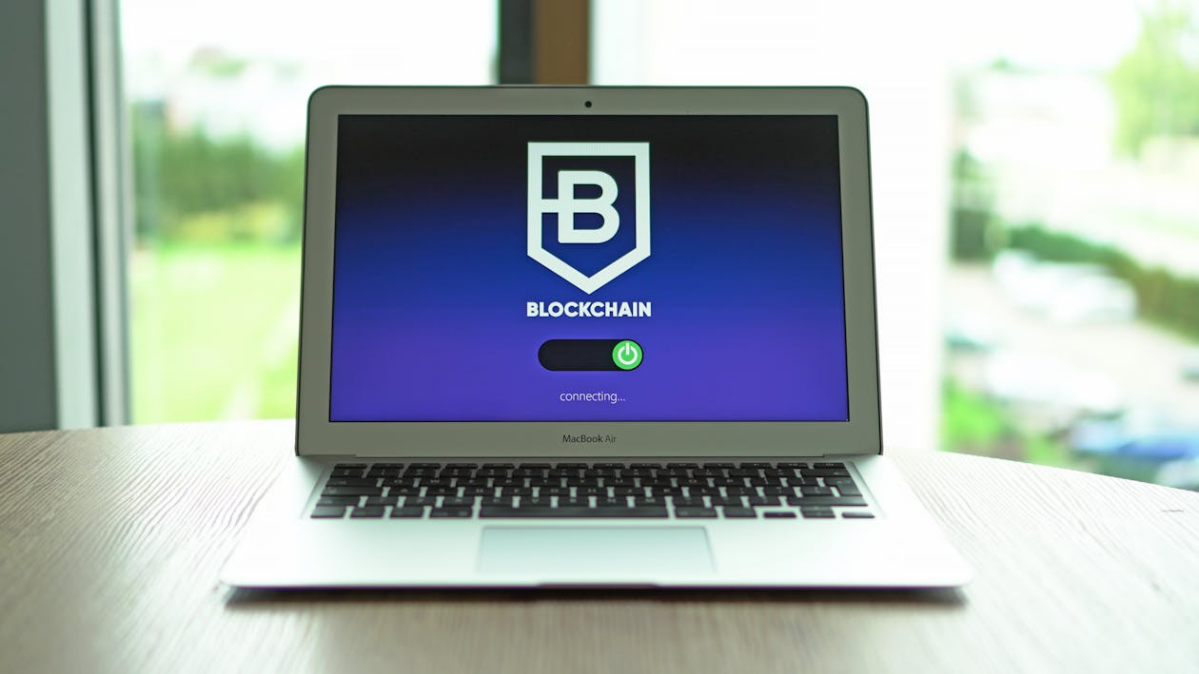 A laptop screen displaying blockchain.