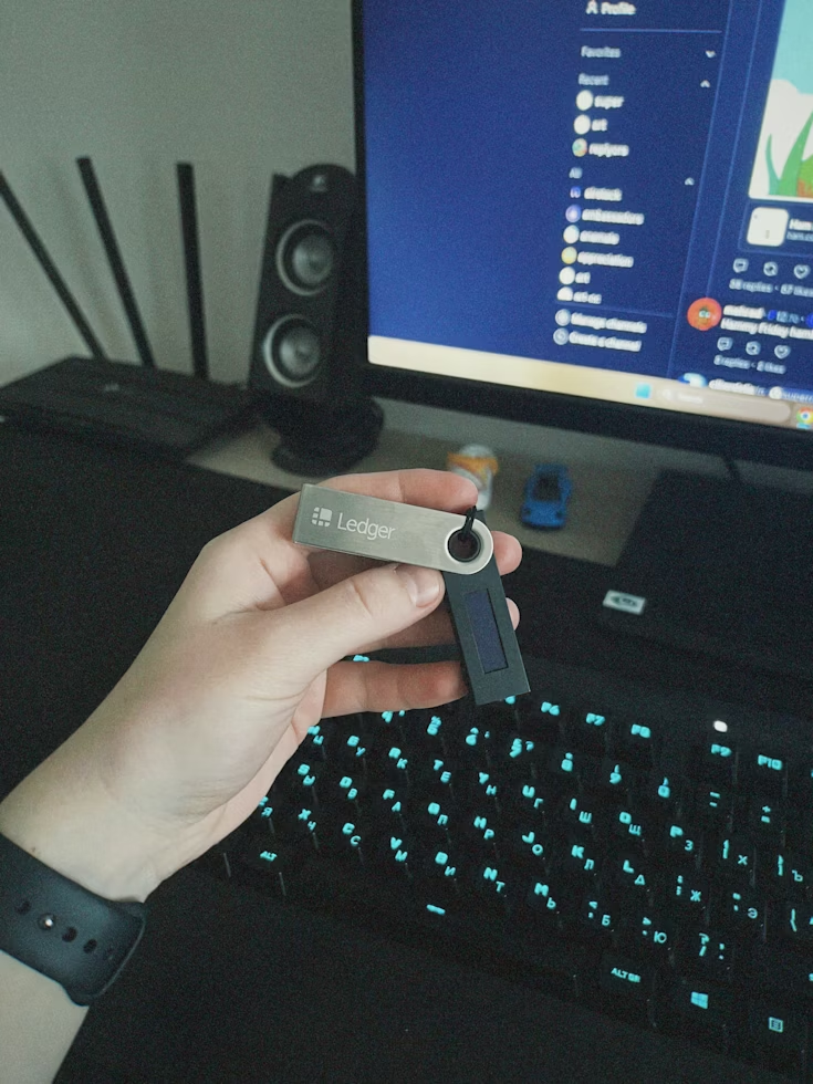 Hand holding a hardware crypto wallet over a keyboard