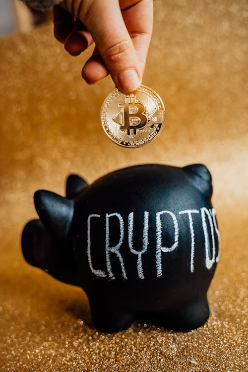 Person placing a bitcoin token into a piggy bank, symbolizing digital asset accumulation and management in cryptocurrency investments.