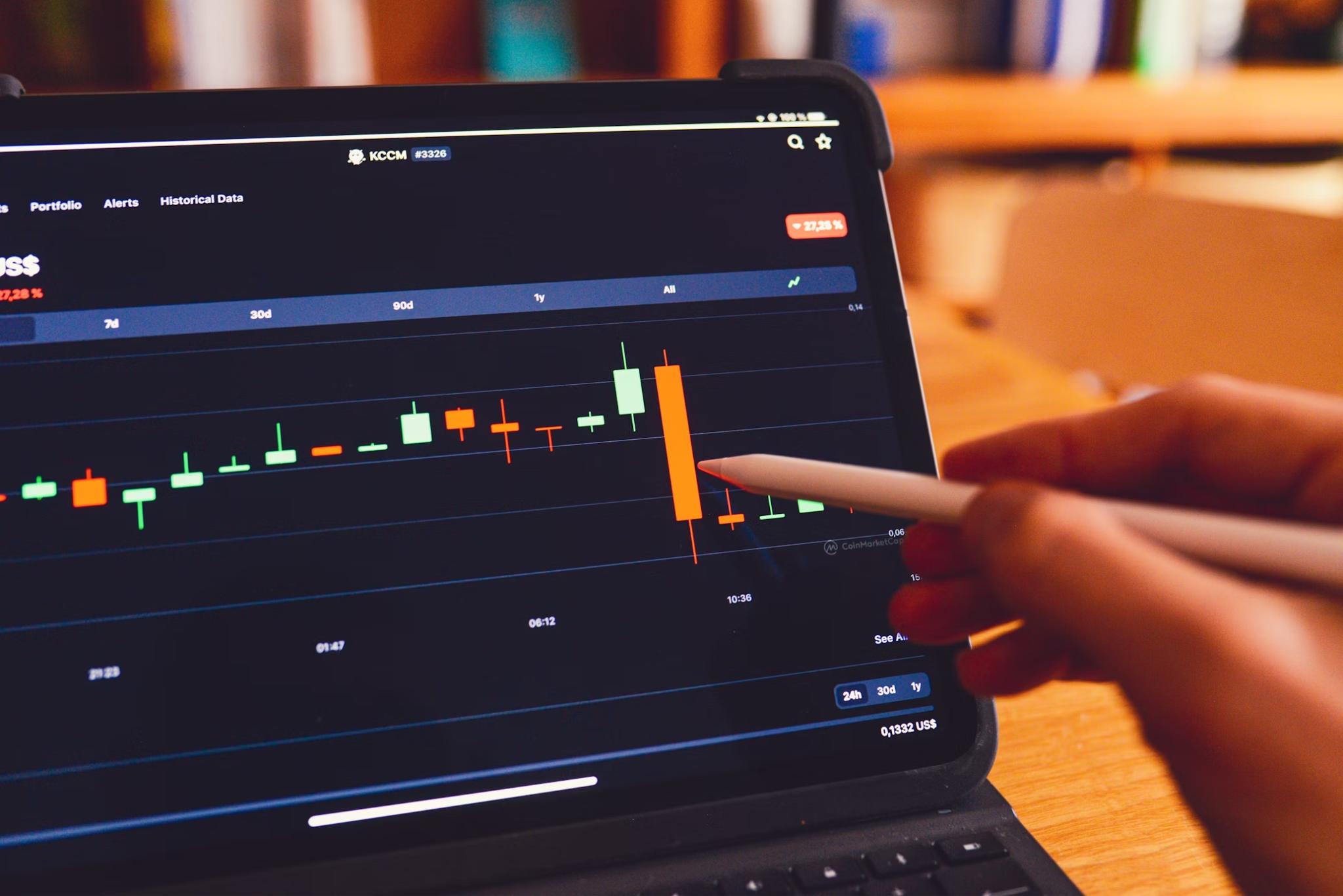 Trader reviewing candlestick chart on a laptop illustrating execution timing and settlement-driven liquidity behavior in digital bond markets.