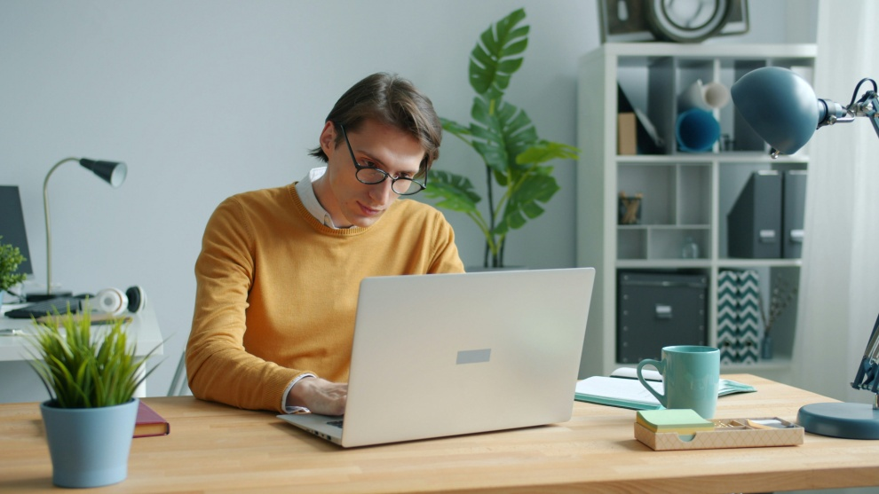 Professional reviewing digital asset research and documentation on a laptop in an office setting.