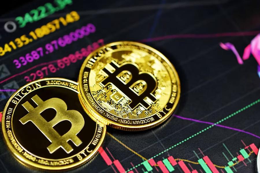 Bitcoin tokens displayed over market data representing smart contracts controlling conditional capital release based on predefined milestones and attestations
