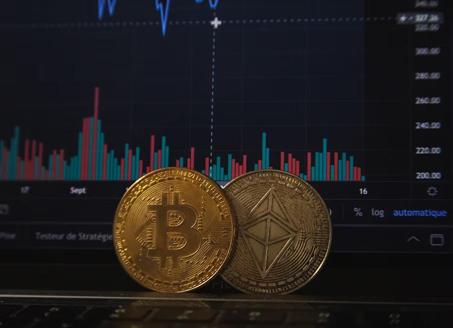 Bitcoin and Ethereum tokens shown against trading charts illustrating smart contract enforcement of conditional capital release with governance oversight