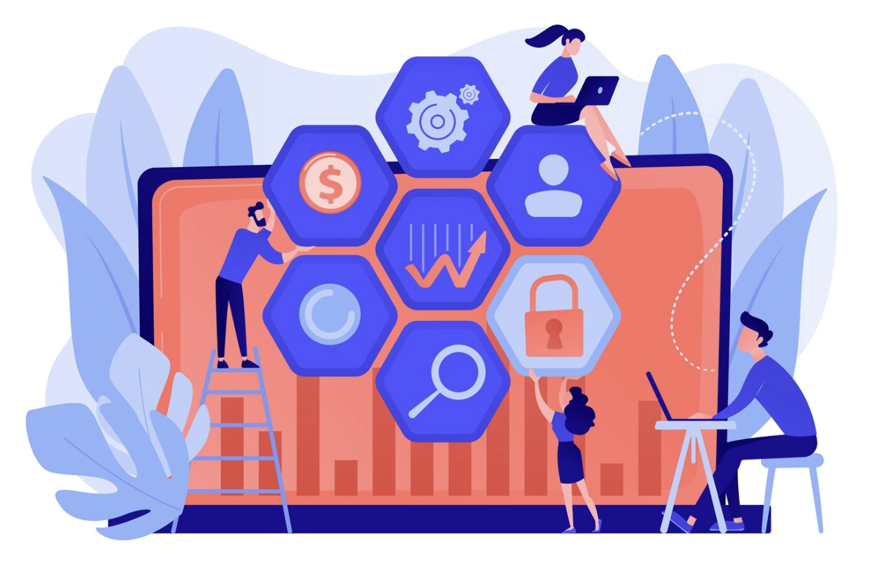 An illustration of a digital asset consulting team at work.