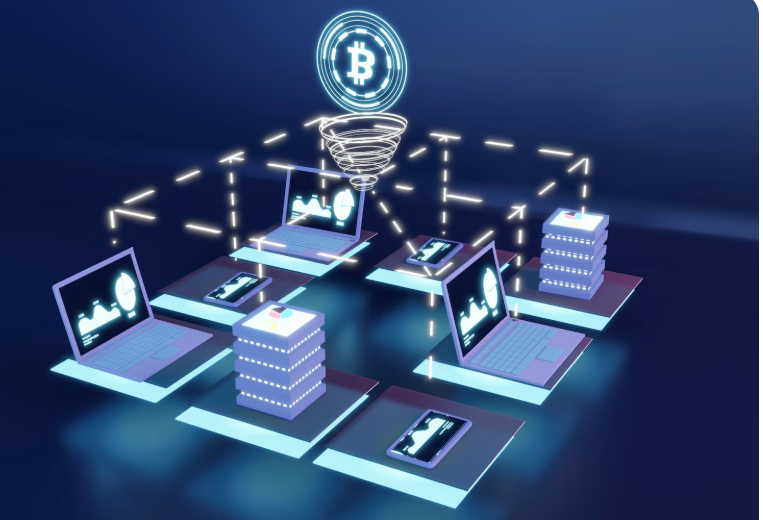 Data centers and mining rigs representing computational power used for blockchain validation and transaction processing.