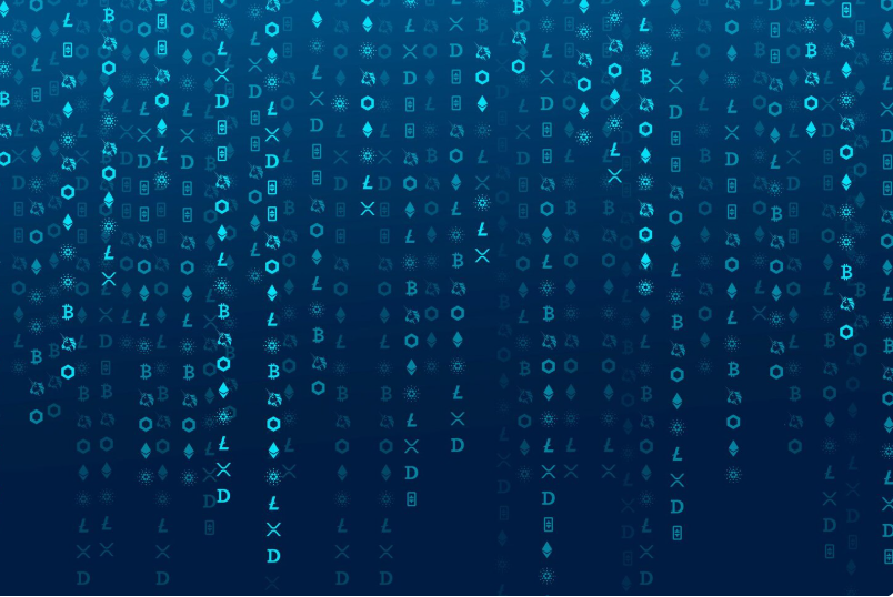 Cryptocurrency coding digital background showing blockchain code streams and encrypted data flow in a futuristic digital environment