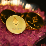ethereum coins placed on decorative surface