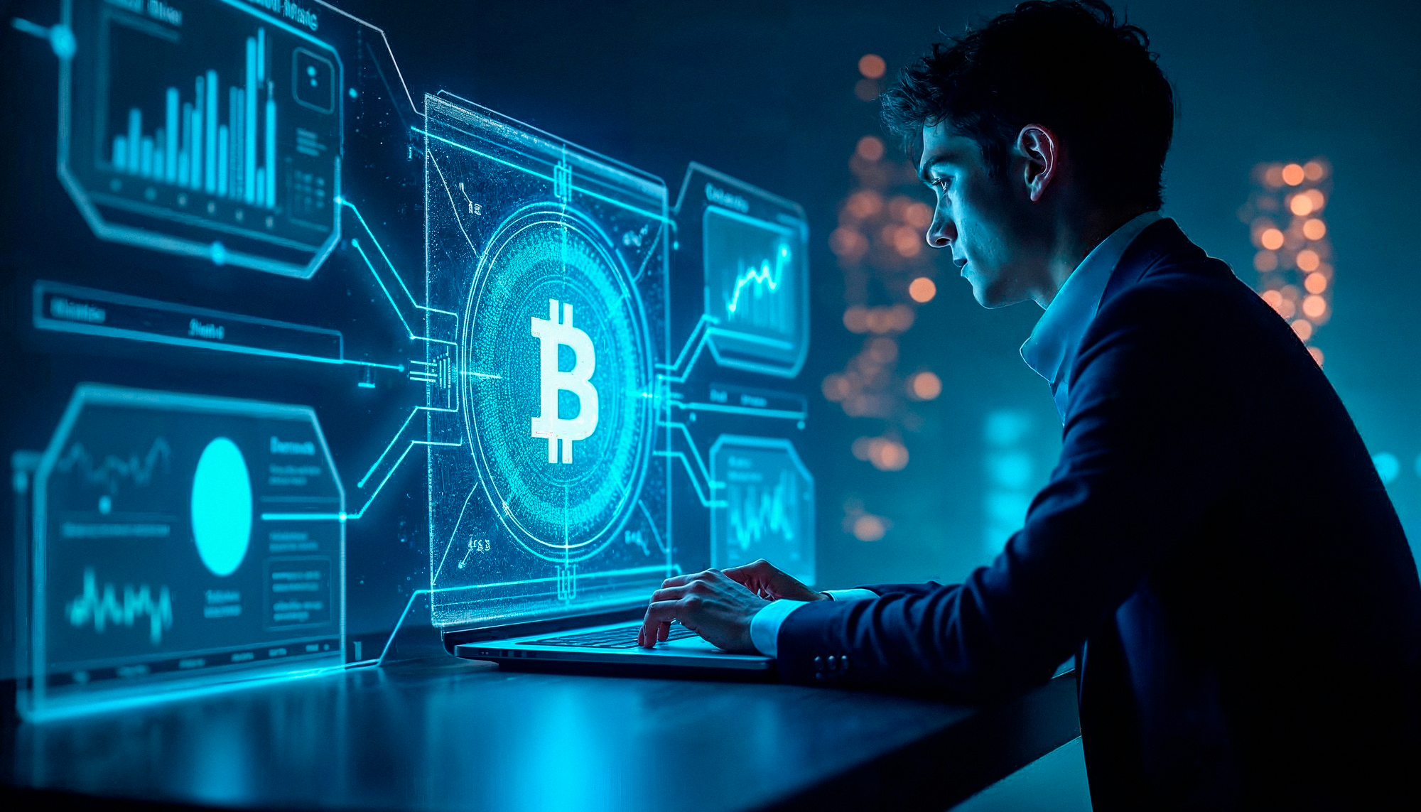 A glowing, blue holographic representation of a cryptocurrency coin floats above a sleek, dark circular platform in a high-tech environment.