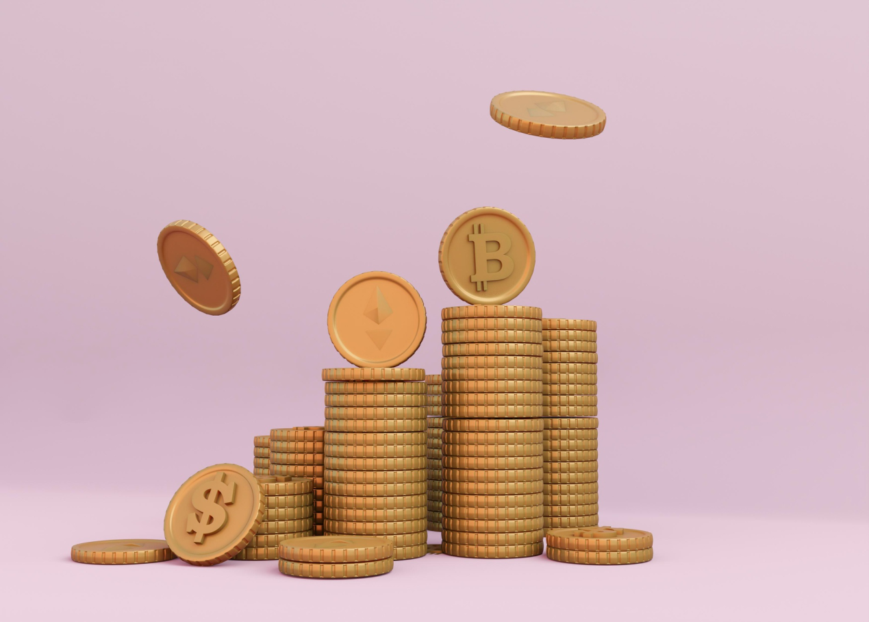 Gold-colored cryptocurrency coins representing digital assets and the concept of value storage in blockchain-based markets.