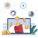 A flat design illustration featuring various cryptocurrency symbols.