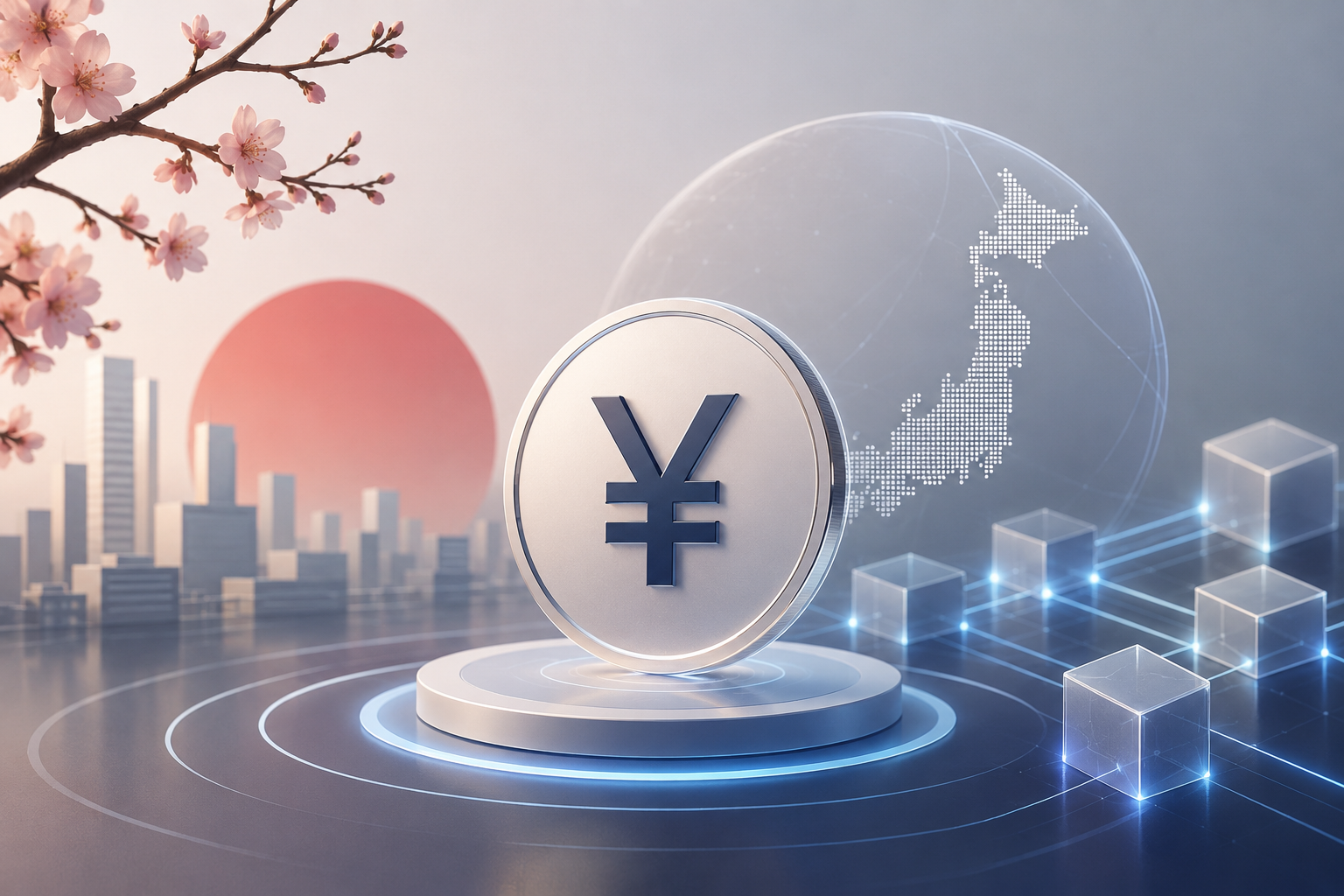 Digital yen illustration representing blockchain-based stablecoin payment infrastructure in Japan.