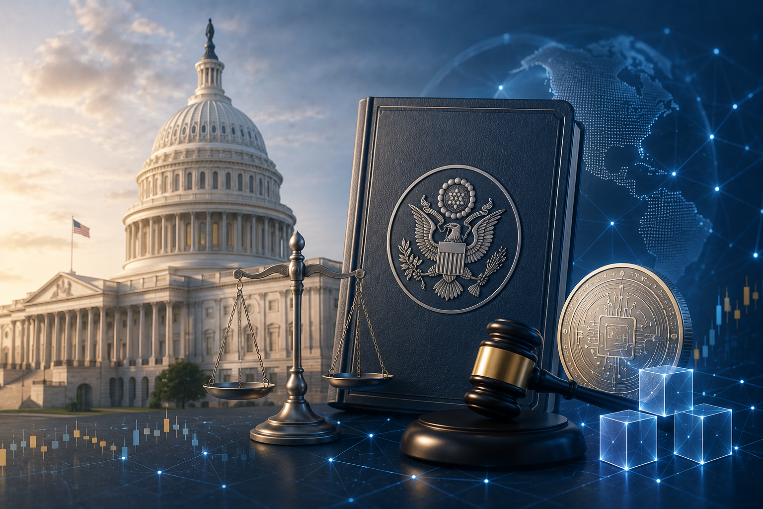 Illustration representing U.S. digital asset regulation and cryptocurrency market oversight discussions.