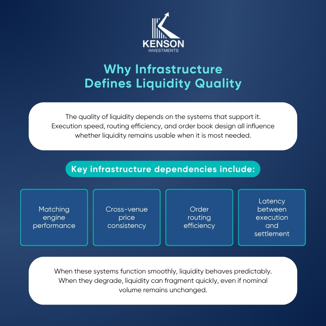 Infographic explaining how infrastructure determines liquidity quality in financial markets