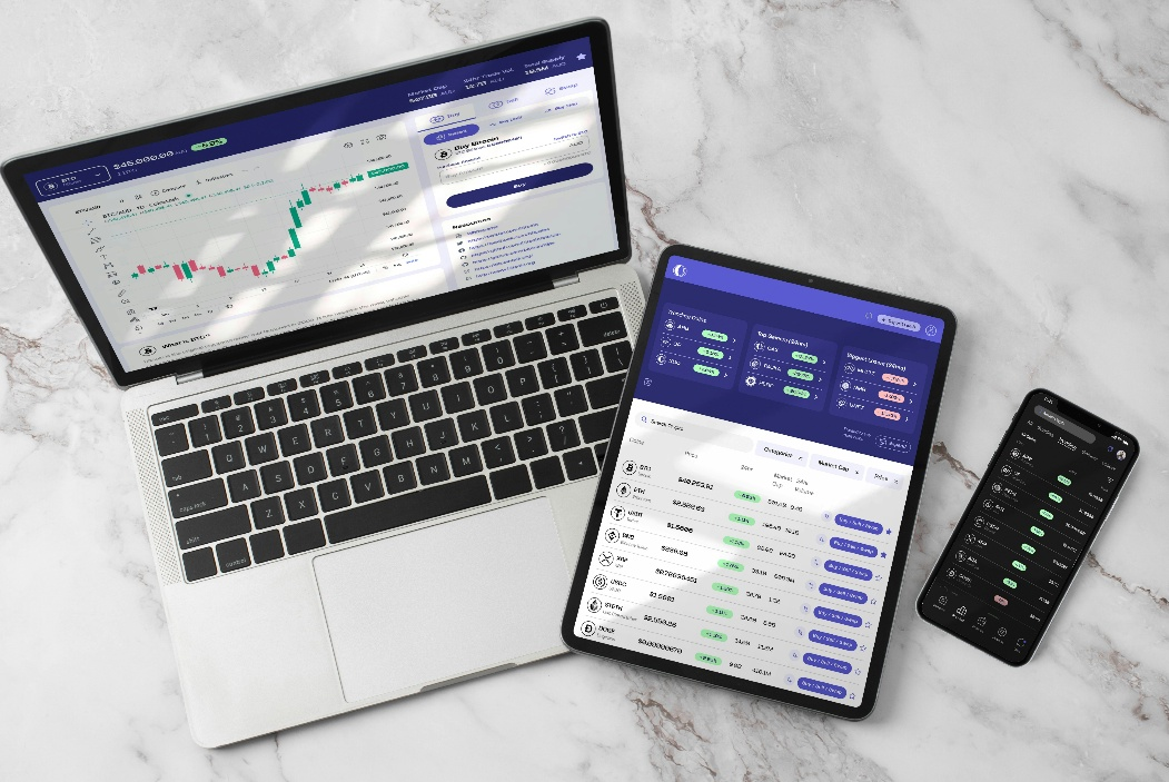 Laptop, tablet, and smartphone displaying digital asset trading dashboards, market analytics, and portfolio monitoring interfaces