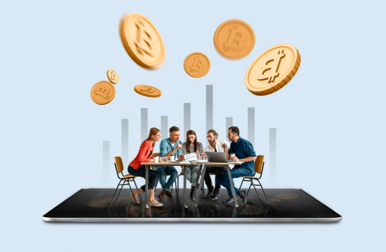 People sitting on digital tablet to represent concept illustrating infrastructure-driven capital flow in tokenized financial systems