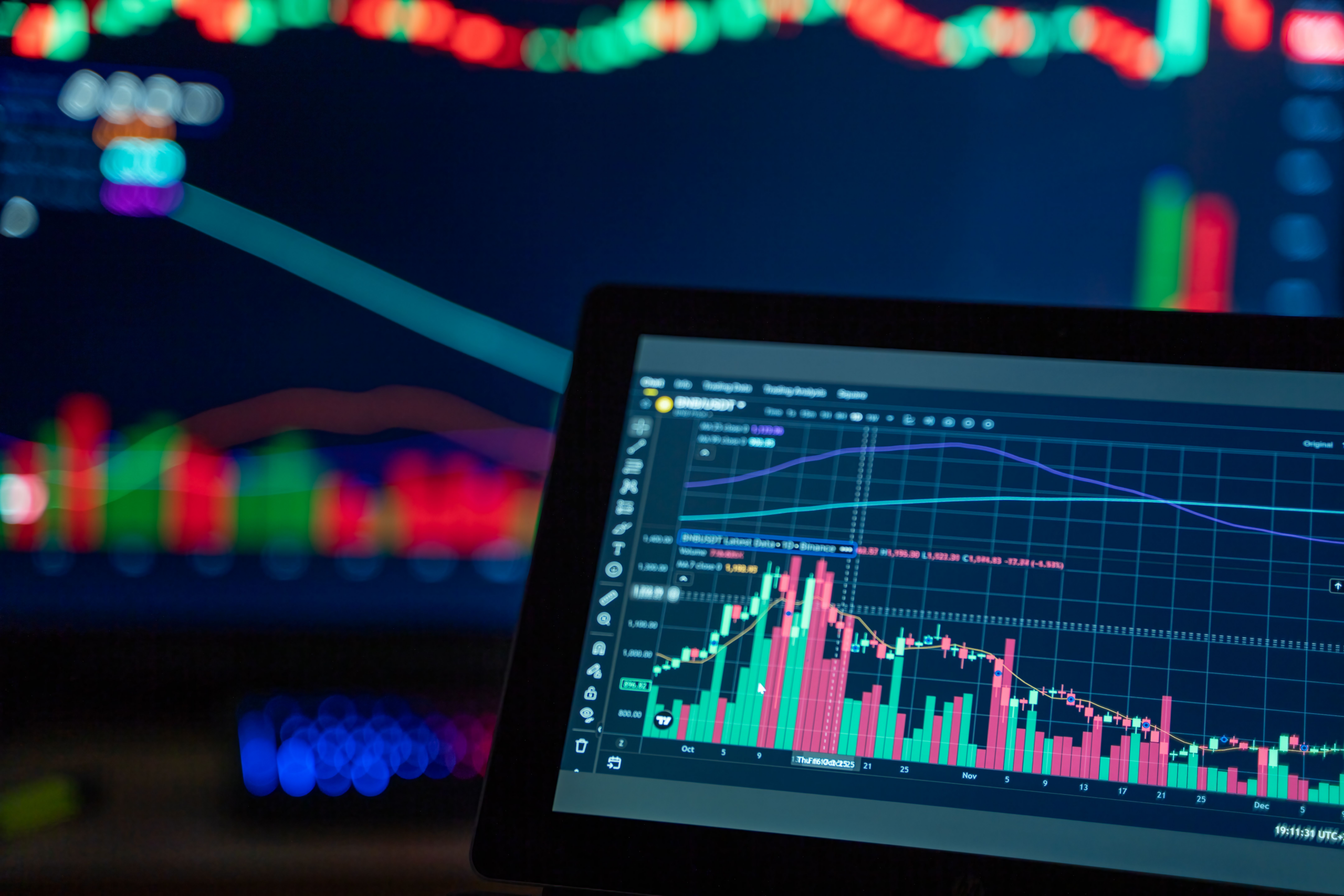 Financial trading screens displaying market charts and real-time pricing data