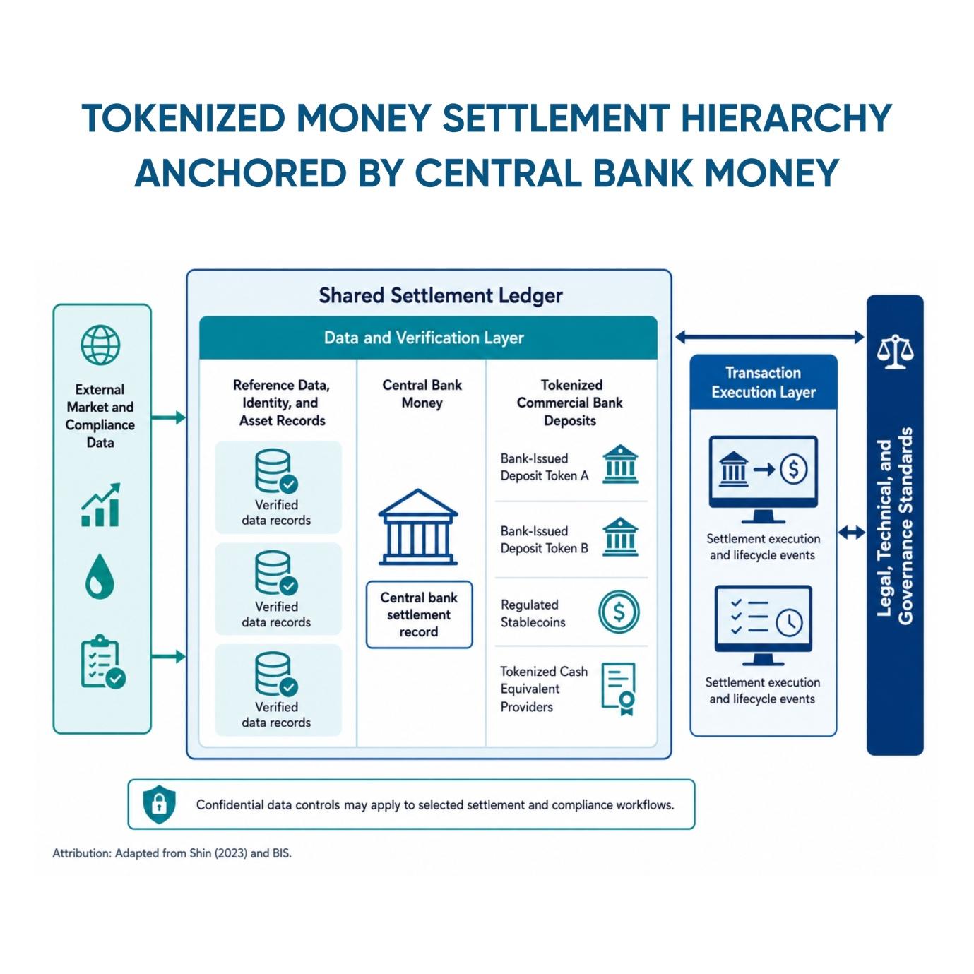 Tokenized money settlement hierarchy anchored by central bank money, with deposits, stablecoins, and tokenized cash equivalents.