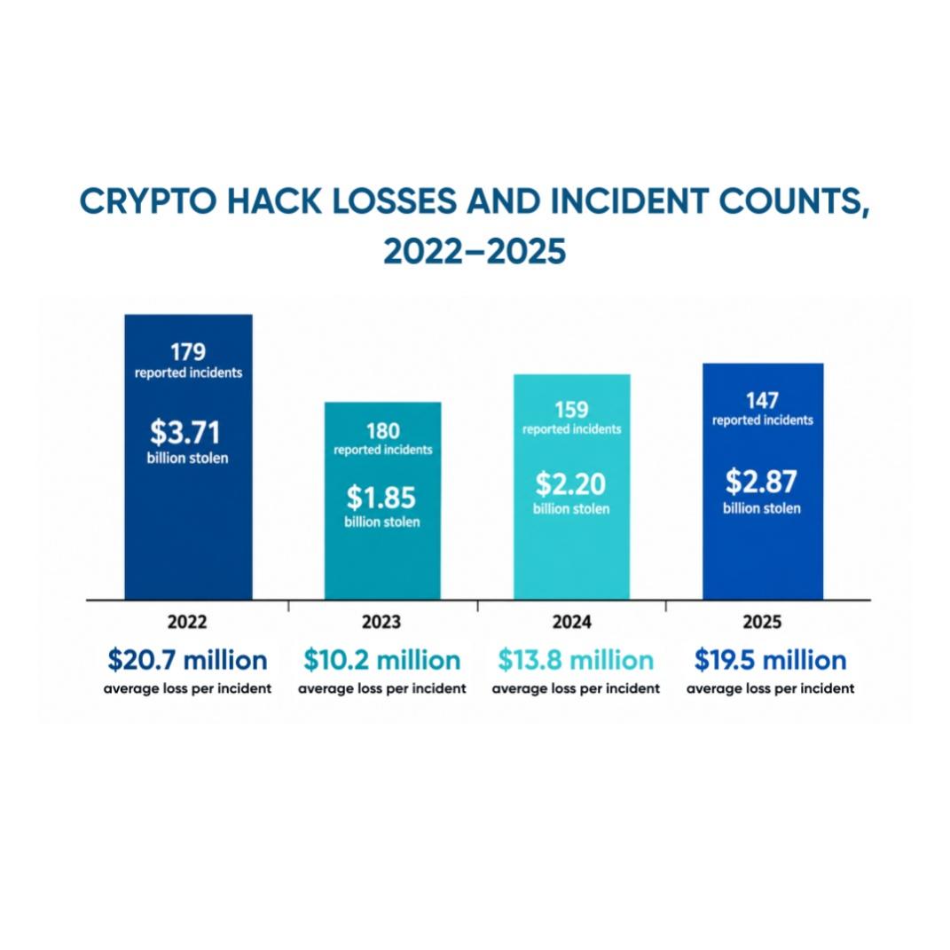 kenson Investments | Why AI Agents Cannot Have Unlimited Wallet Authority Bar chart showing crypto hack losses and incident counts from 2022 to 2025.