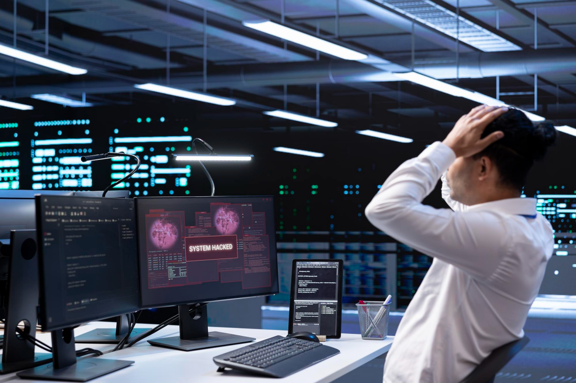 Stressed IT professional staring at server screens during a security alert.