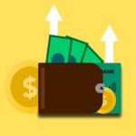Open leather wallet filled with metallic coins, folded banknotes, and a credit card.