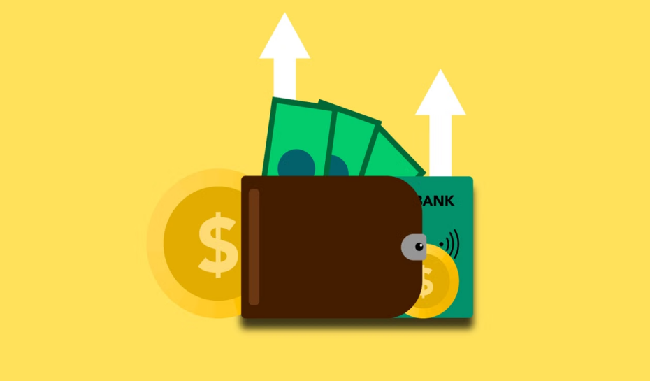 Open leather wallet filled with metallic coins, folded banknotes, and a credit card.