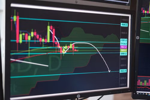 A digital screen displaying a volatile Bitcoin price chart with candlestick patterns.