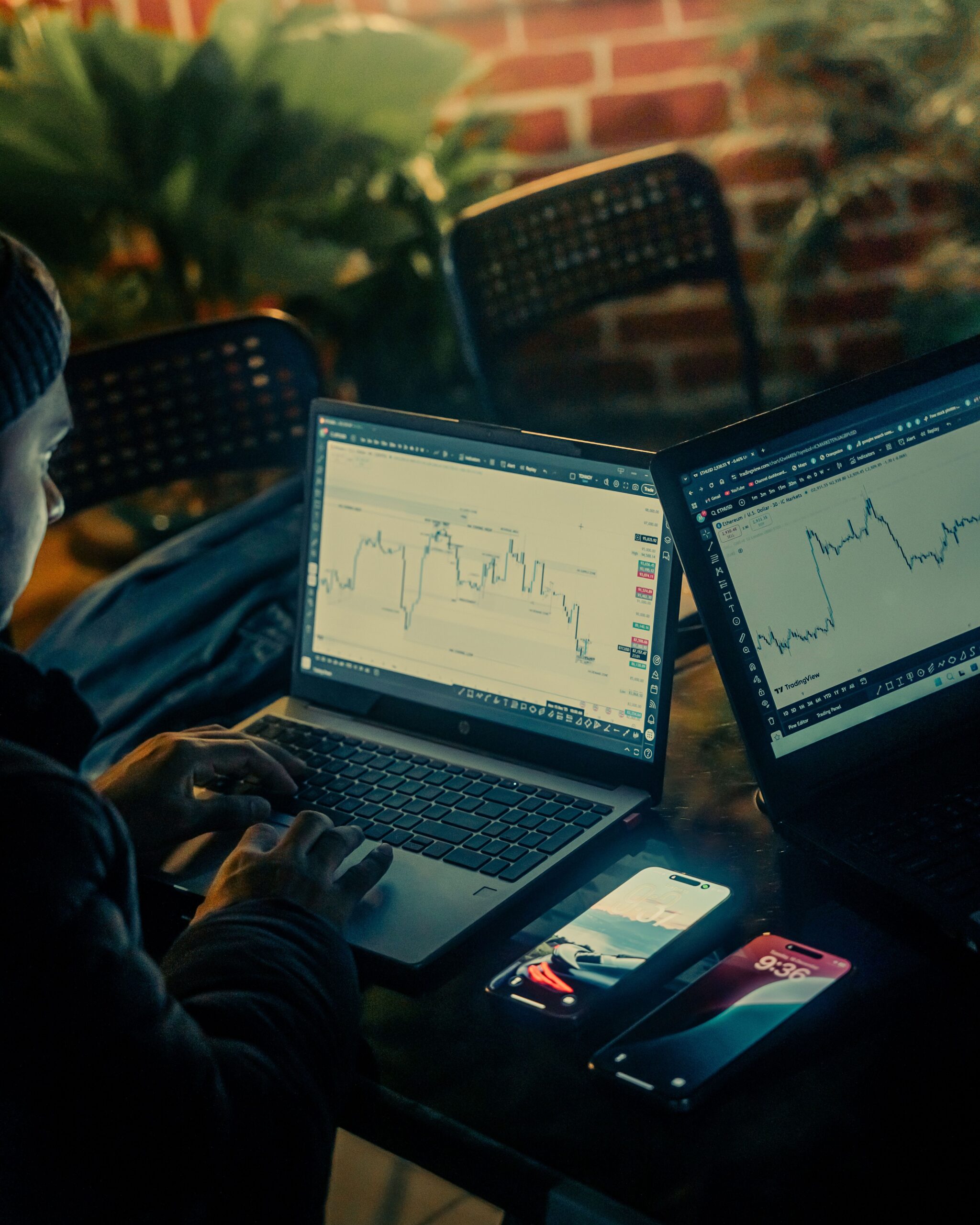 Financial market data displayed across laptops and a smartphone during nighttime trading analysis