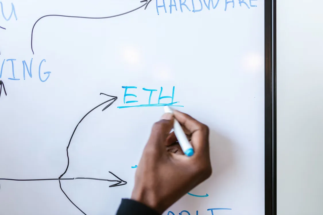 Hand writing 'ETH' on a whiteboard