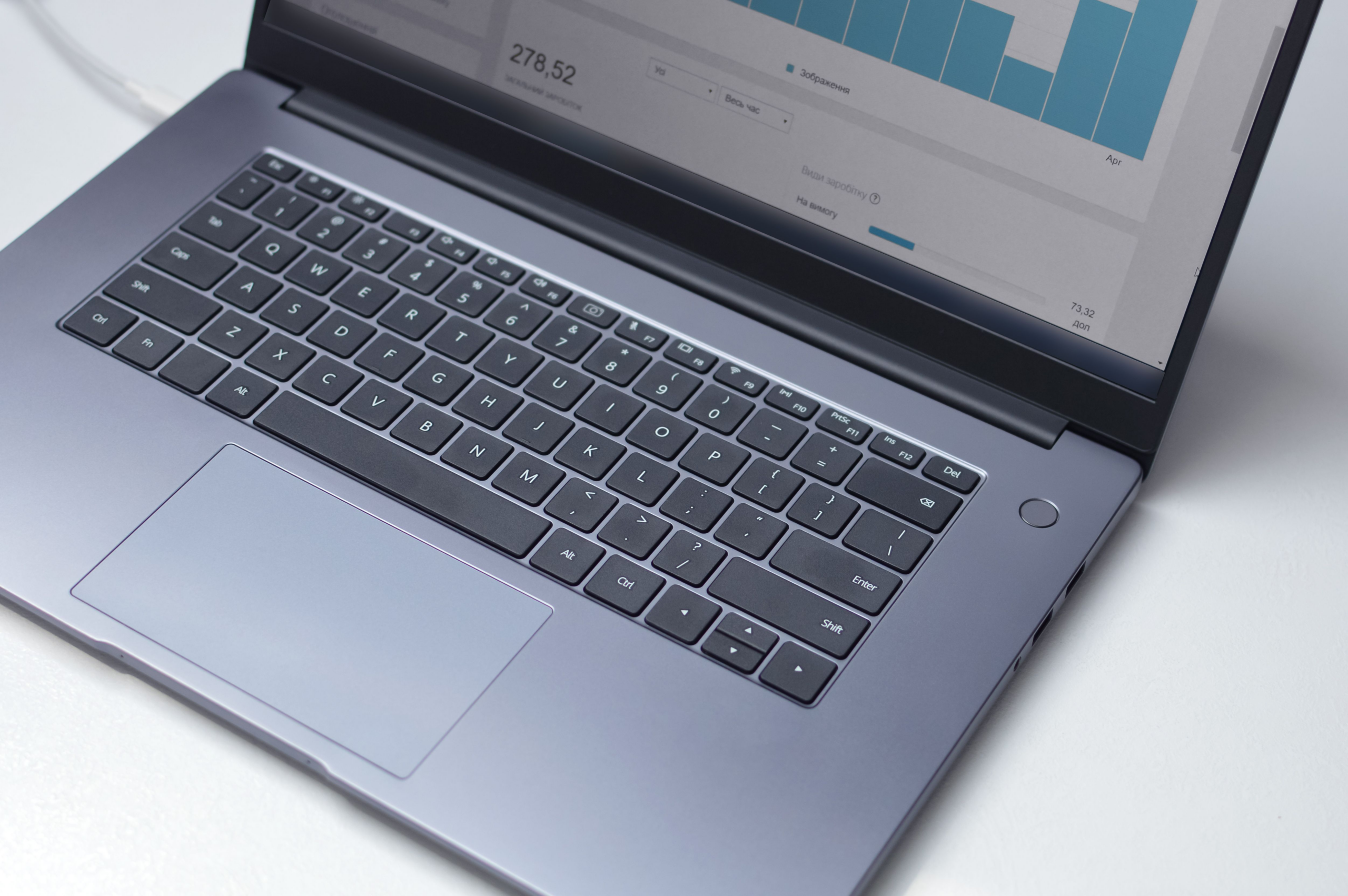  Laptop displaying a financial analytics dashboard with charts and performance data