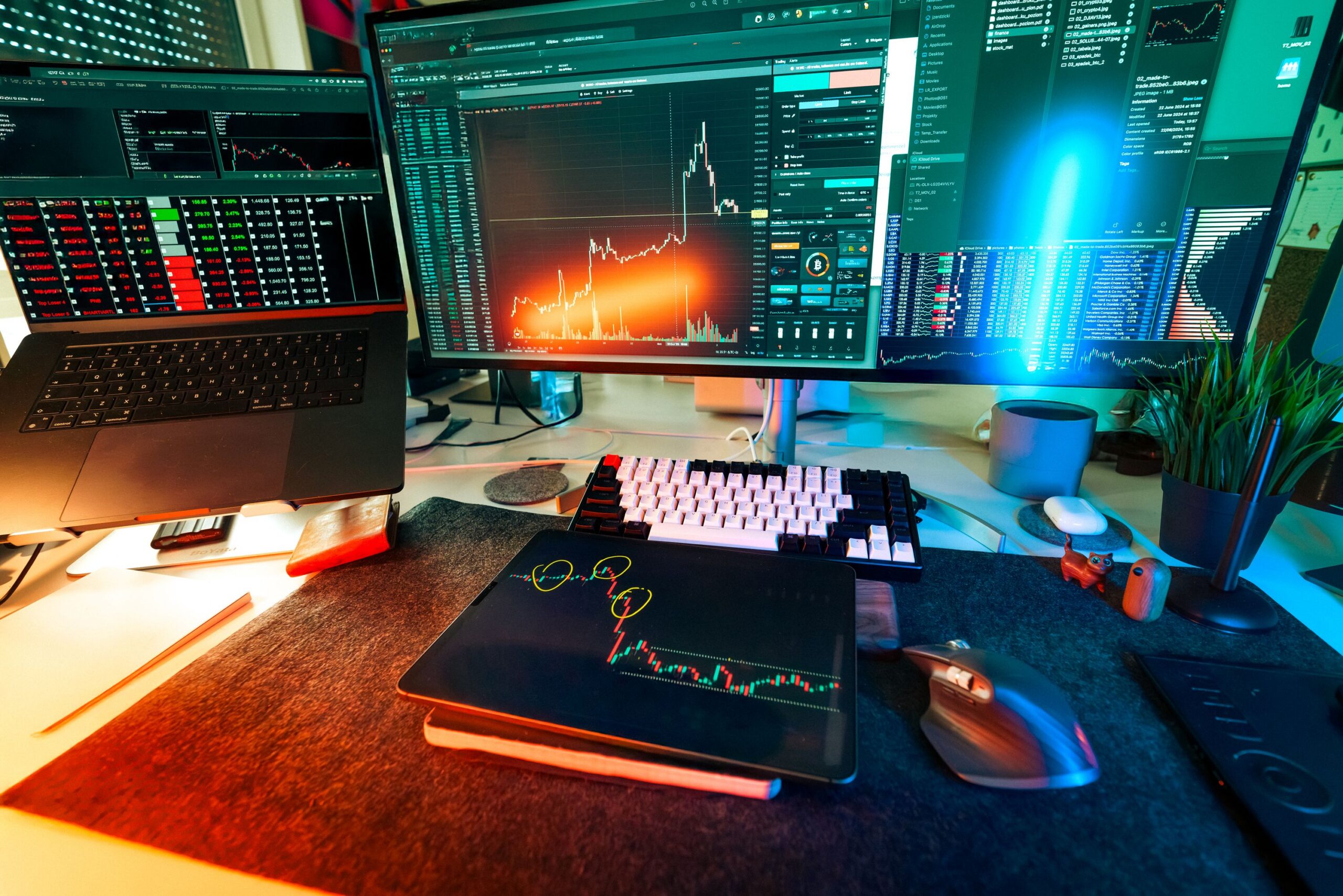 Multiple monitors displaying cryptocurrency charts and market data during advanced trade execution analysis