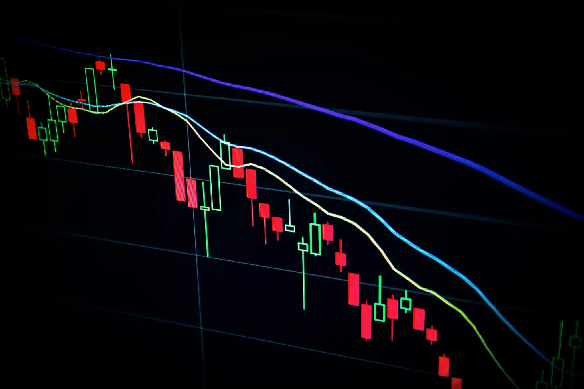 Trading chart with red and green candlesticks representing cross-exchange price movement and execution timing.