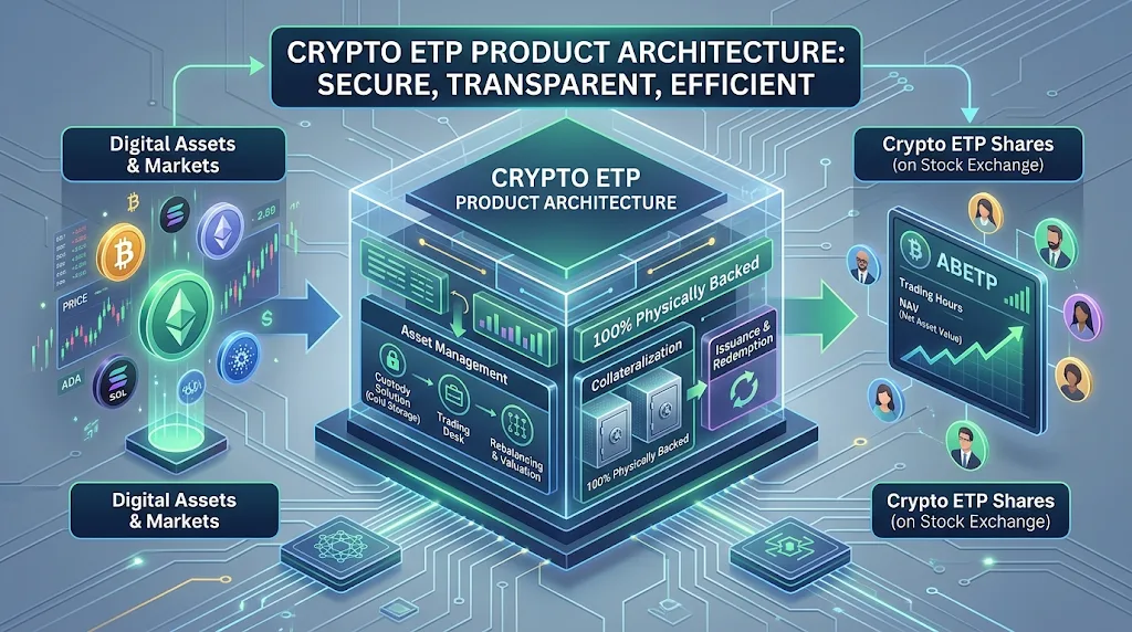 crypto ETP product architecture, including legal structure, exposure mechanisms, valuation, cash flows, and operating dependencies.