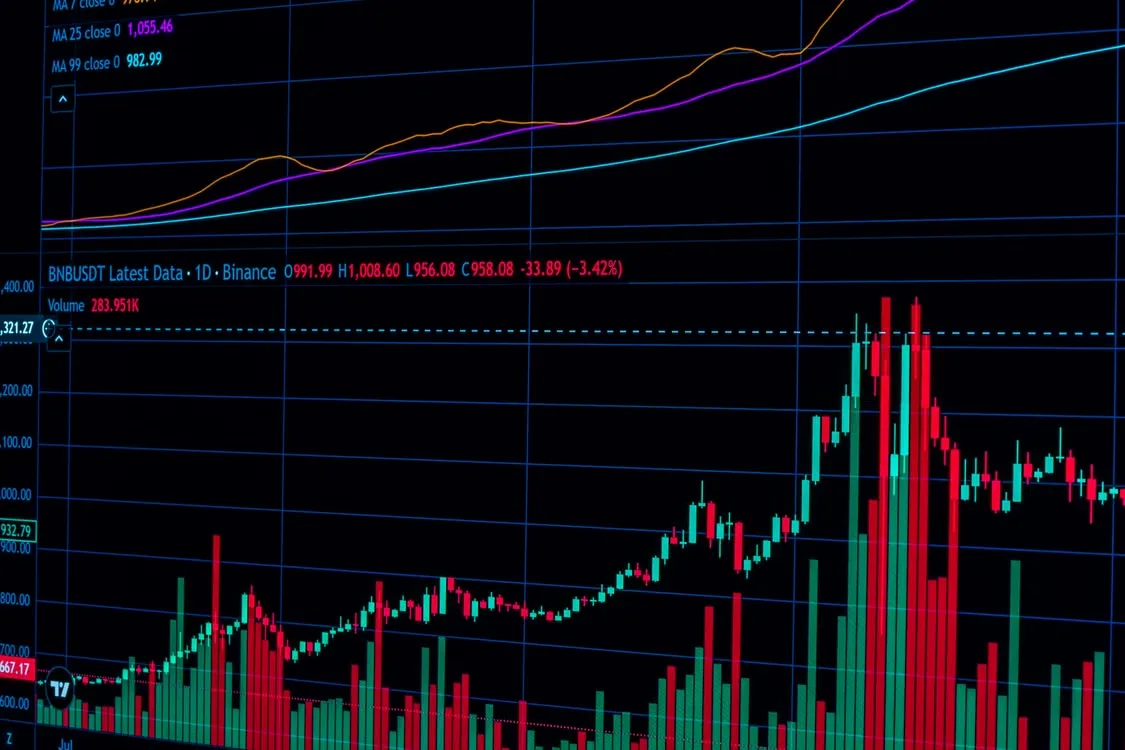 A cryptocurrency market dashboard displaying price movements, trading volume bars, and bid and ask prices.