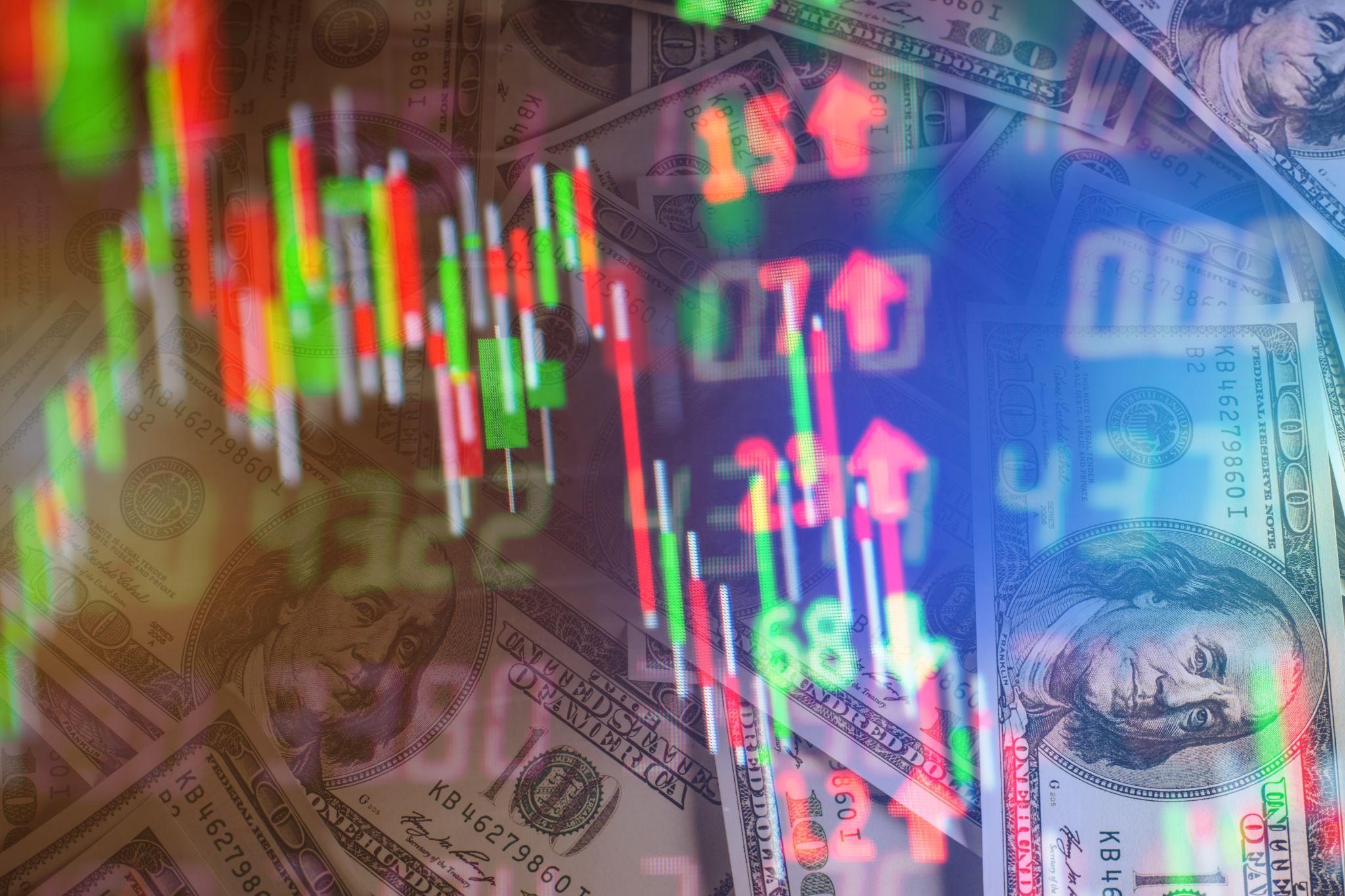 Financial market chart over currency imagery representing price discrepancies across digital asset trading venues.