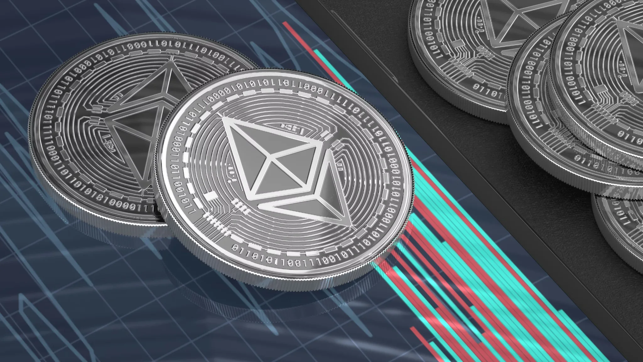 Ethereum coins over a digital market background representing cybersecurity, custody controls, and digital asset access risk.