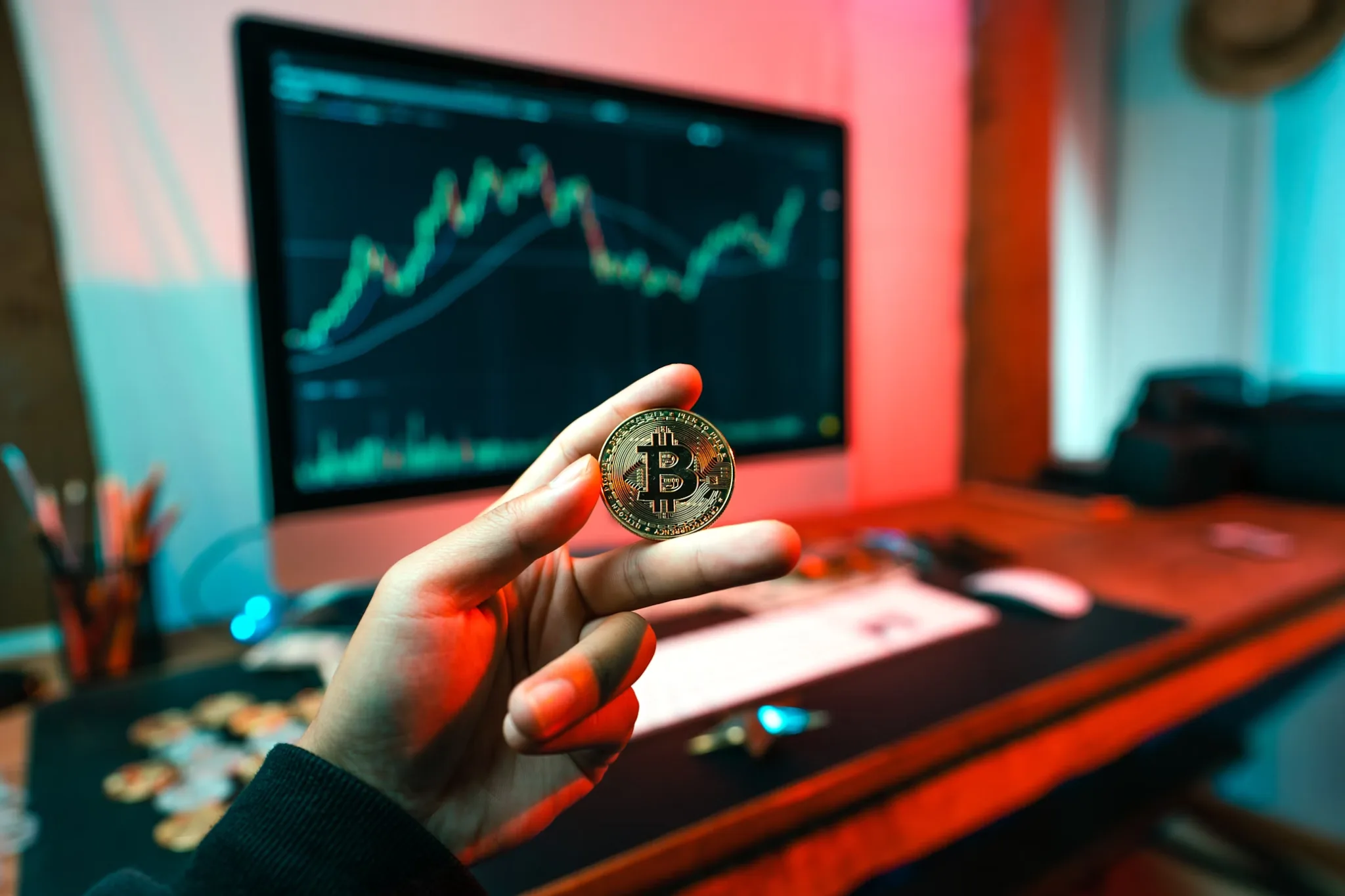 Person holding a Bitcoin coin in front of a market screen representing regulatory, operational, and digital asset risk monitoring.