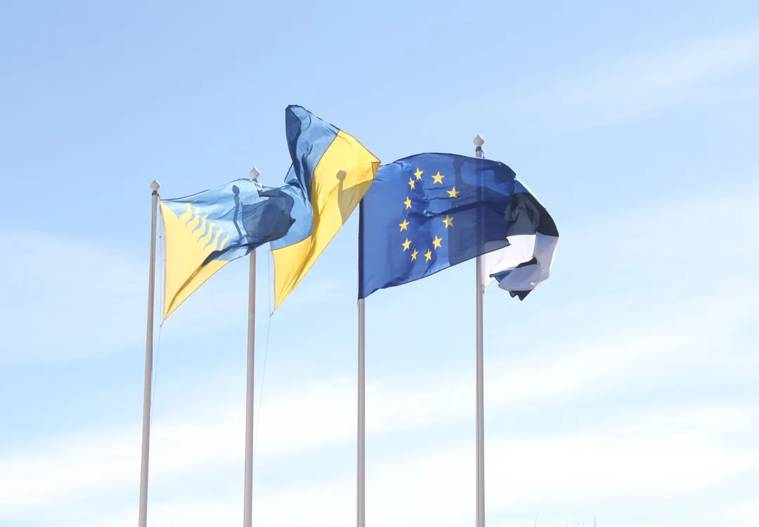 A digital illustration of a stablecoin beside European Union flags