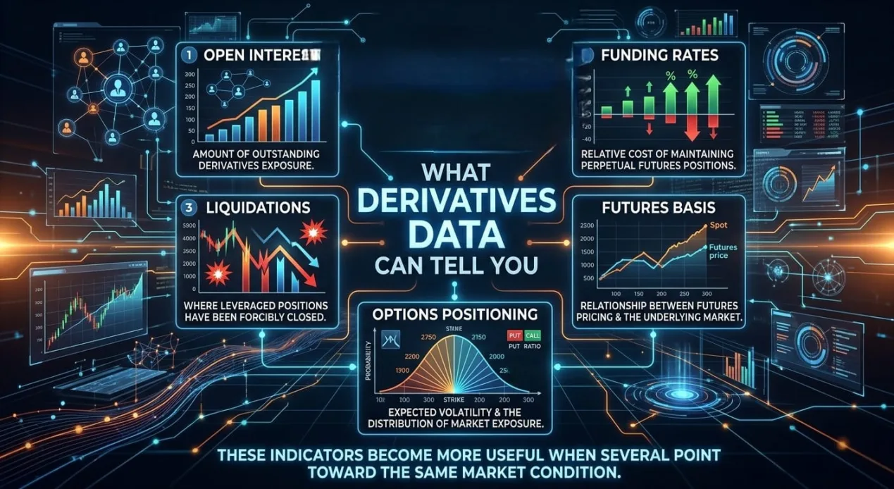 Bitcoin derivatives data showing open interest, funding rates, liquidations, and futures positioning